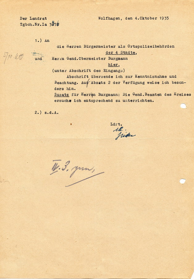 Anordnung der Staatspolizeistelle Kassel den außerehelichen Verkehr zwischen Juden und deutschen Staatsangehören betreffend, 27.09.1935
