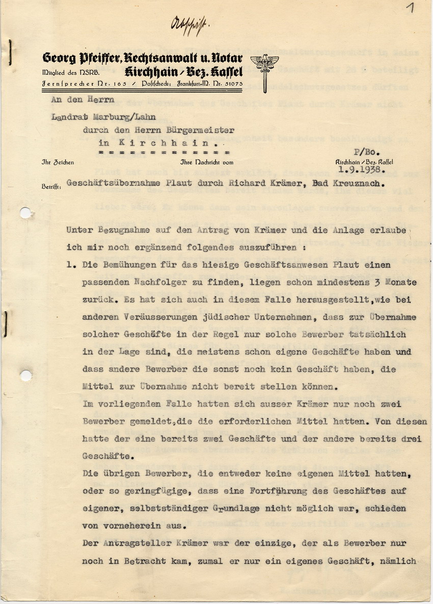 Geschäftsübernahme des jüdischen Trachtenhauses J. Plaut durch Richard Krämer, Brief des Notars Georg Pfeiffer an den Landrat in Marburg vom 1. September 1938.