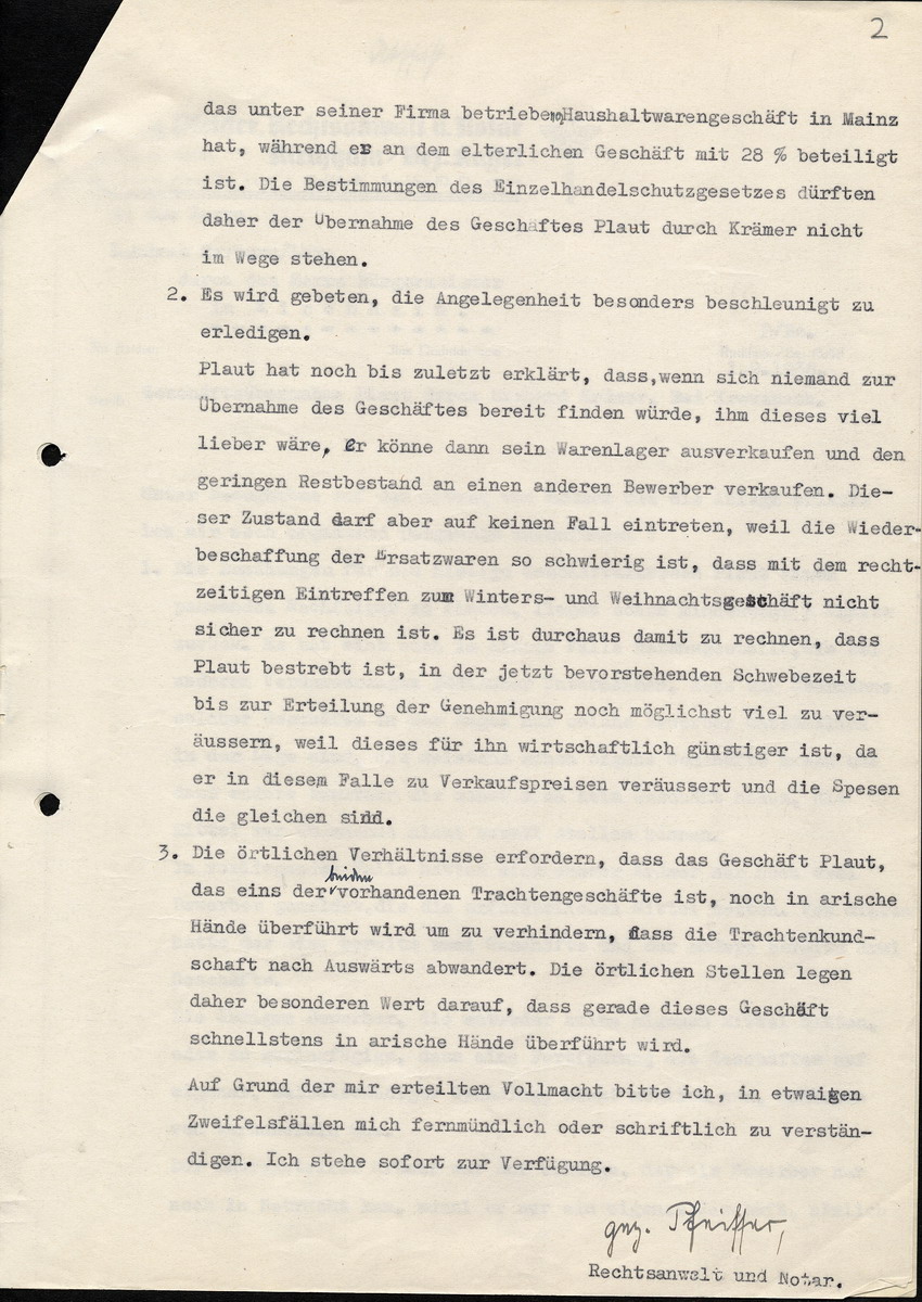 Geschäftsübernahme des jüdischen Trachtenhauses J. Plaut durch Richard Krämer, Brief des Notars Georg Pfeiffer an den Landrat in Marburg vom 1. September 1938.