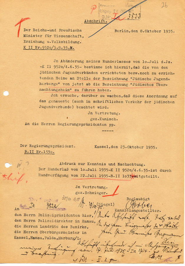 Anordnung des Reichs- und Preußischen Ministers für Wissenschaft, Erziehung und Volksbildung, Bernhard Rust, zur Namensgebung von Heimen der jüdischen Jugendverbänden, 8. Oktober 1935