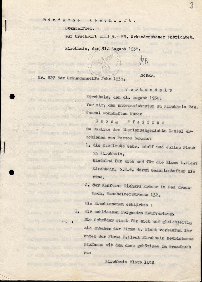 Abschrift der Verkaufsurkunde des Geschäftes Plaut in Kirchhain and Richard Krämer, vom Notar Georg Pfeiffer, vom 31. August 1938.