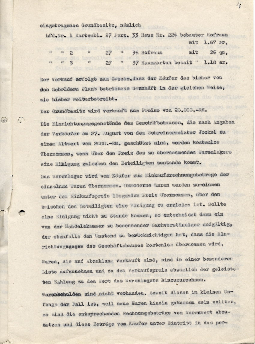 Abschrift der Verkaufsurkunde des Geschäftes Plaut in Kirchhain and Richard Krämer, vom Notar Georg Pfeiffer, vom 31. August 1938.