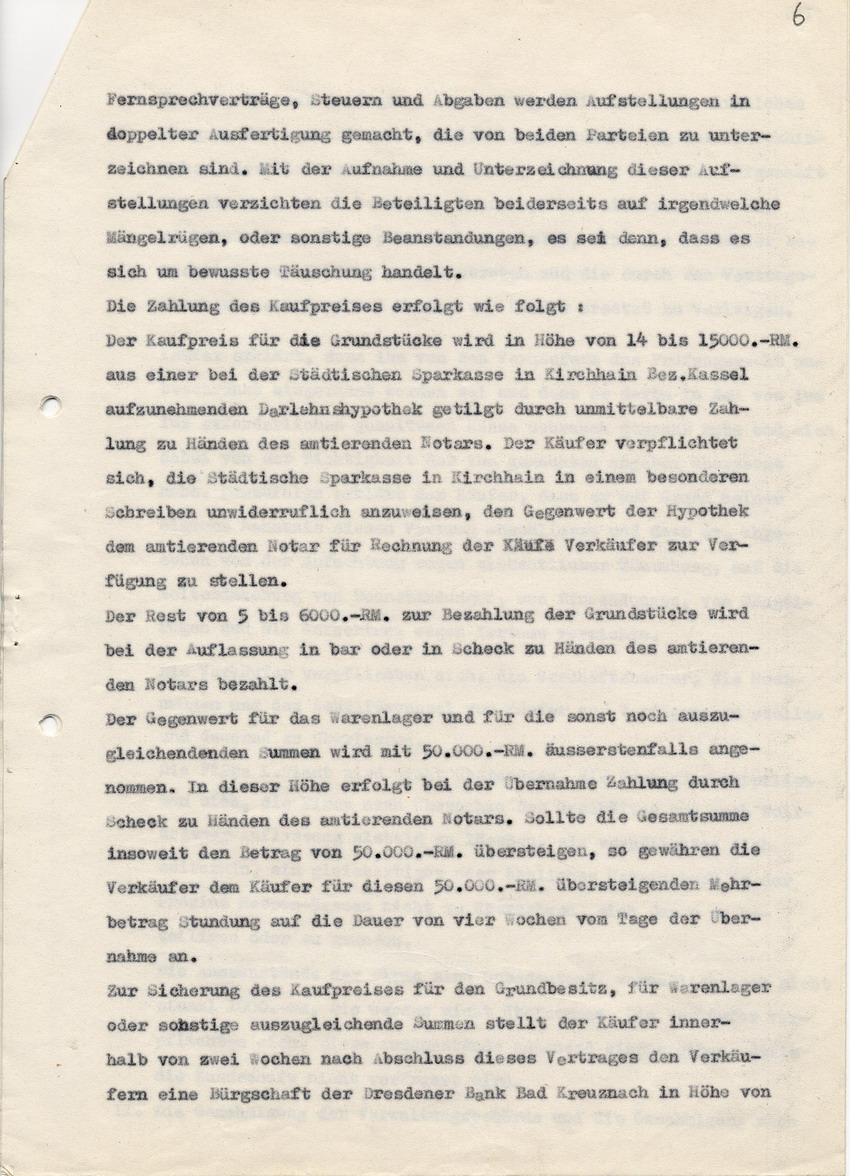 Abschrift der Verkaufsurkunde des Geschäftes Plaut in Kirchhain and Richard Krämer, vom Notar Georg Pfeiffer, vom 31. August 1938.