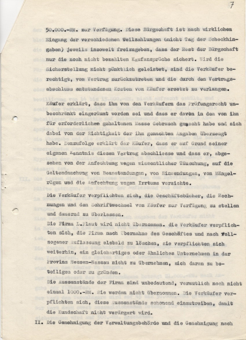 Abschrift der Verkaufsurkunde des Geschäftes Plaut in Kirchhain and Richard Krämer, vom Notar Georg Pfeiffer, vom 31. August 1938.