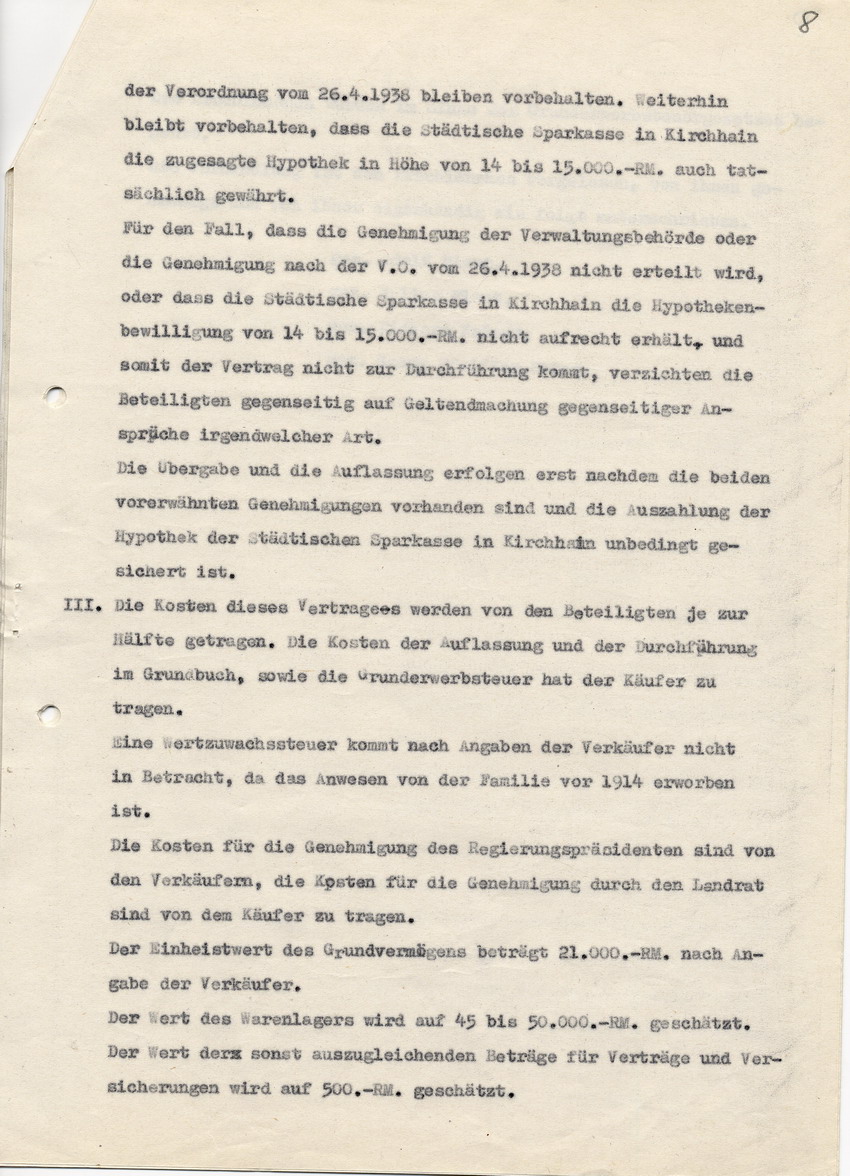 Abschrift der Verkaufsurkunde des Geschäftes Plaut in Kirchhain and Richard Krämer, vom Notar Georg Pfeiffer, vom 31. August 1938.