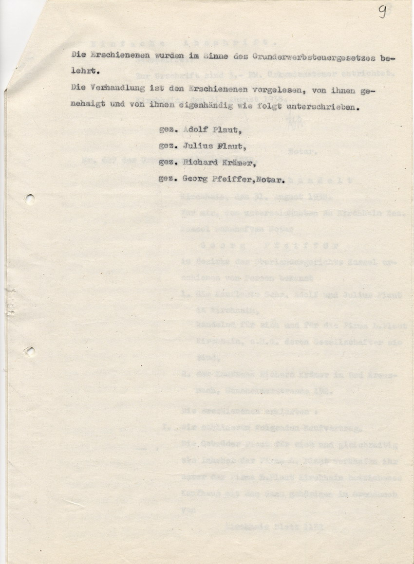 Abschrift der Verkaufsurkunde des Geschäftes Plaut in Kirchhain and Richard Krämer, vom Notar Georg Pfeiffer, vom 31. August 1938.