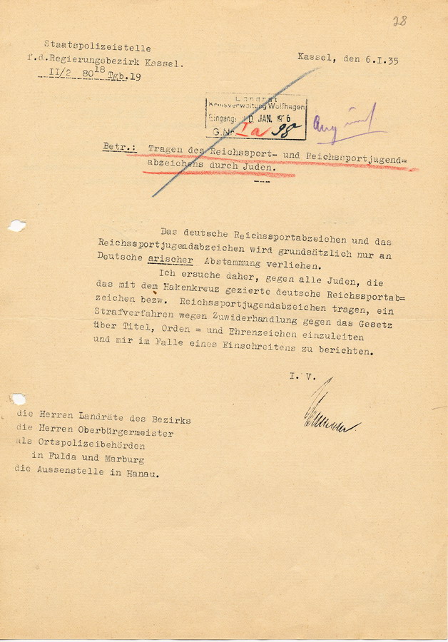 Bestimmung der Staatspolizeistelle Kassel das Tragen des Reichssport- und Reichssportjugendabzeichens durch Juden betreffend, 6. Januar 1935