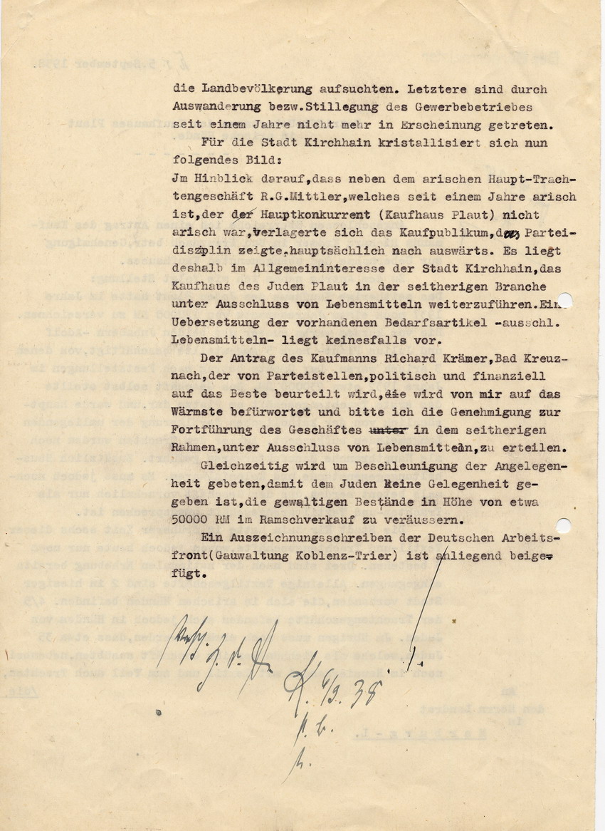 Brief des Bürgermeisters aus Kirchhain an den Landrat in Marburg, betreffend die "Übernahme des Kaufhauses Plaut in arische Hände", vom 5. September 1938