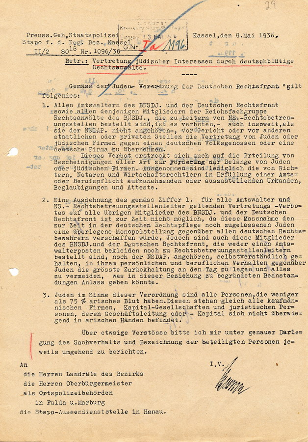 Verordnung der Preußischen Geheimen Staatspolizei Kassel die Vertretung von Juden durch "deutschblütige" Rechtsanwälte betreffend, 8. Mai 1936