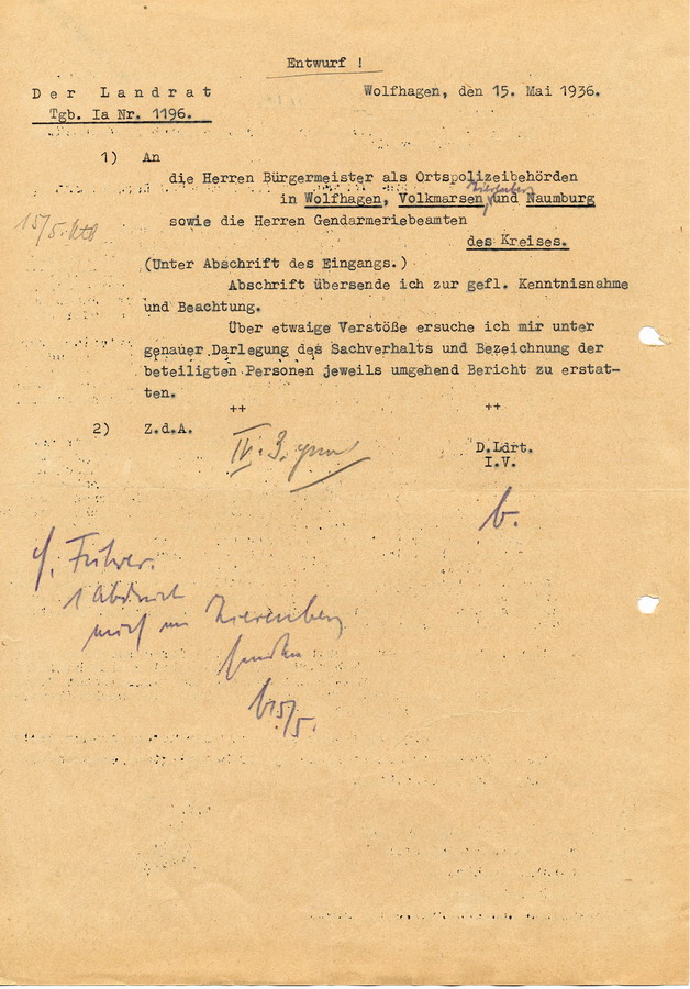 Verordnung der Preußischen Geheimen Staatspolizei Kassel die Vertretung von Juden durch "deutschblütige" Rechtsanwälte betreffend, 8. Mai 1936