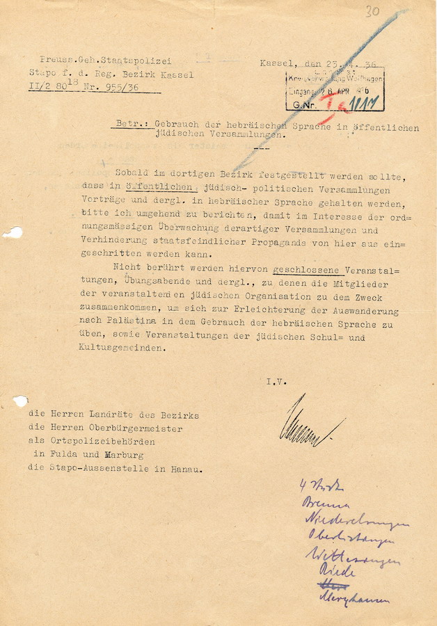 Anordnung der Preußischen Geheimen Staatspolizei Kassel den Gebrauch der hebräischen Sprache in öffentlichen jüdischen Versammlungen, 23. April 1936
