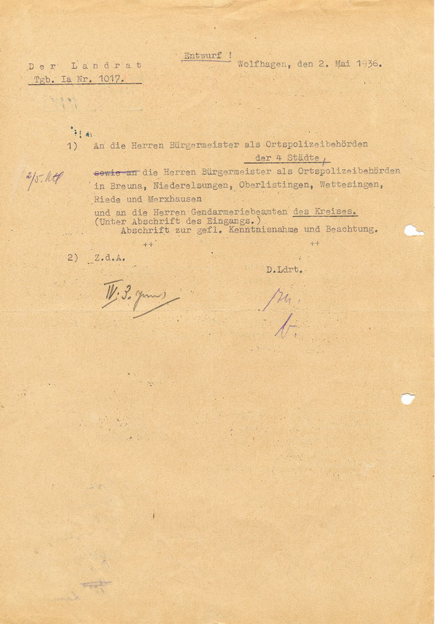 Anordnung der Preußischen Geheimen Staatspolizei Kassel den Gebrauch der hebräischen Sprache in öffentlichen jüdischen Versammlungen, 23. April 1936
