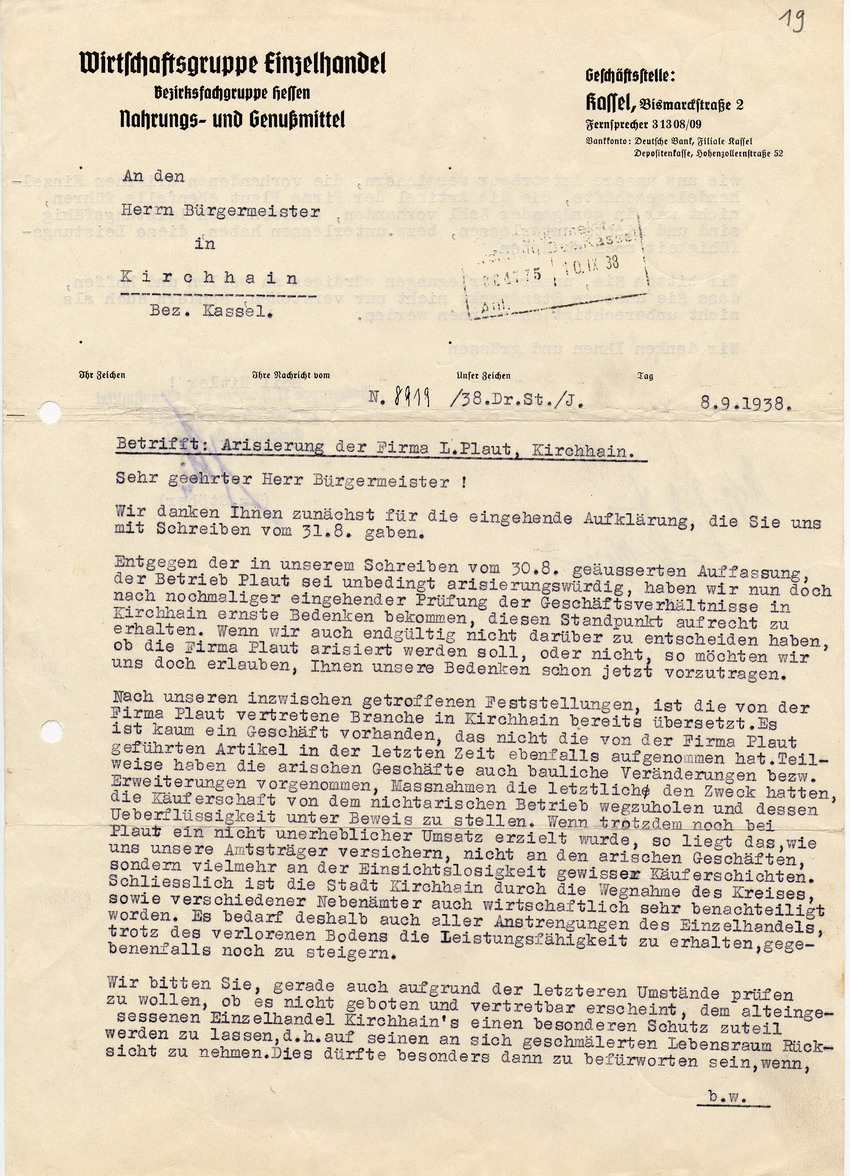 Brief der Wirtschaftsgruppe Einzelhandel an den Bürgermeister in Kirchhain, betreffend die Arisierung der Firma L. Plaut vom  8 September 1938.