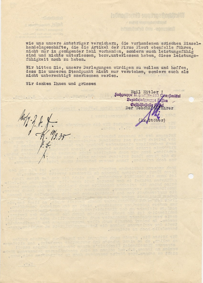 Brief der Wirtschaftsgruppe Einzelhandel an den Bürgermeister in Kirchhain, betreffend die Arisierung der Firma L. Plaut vom  8 September 1938.
