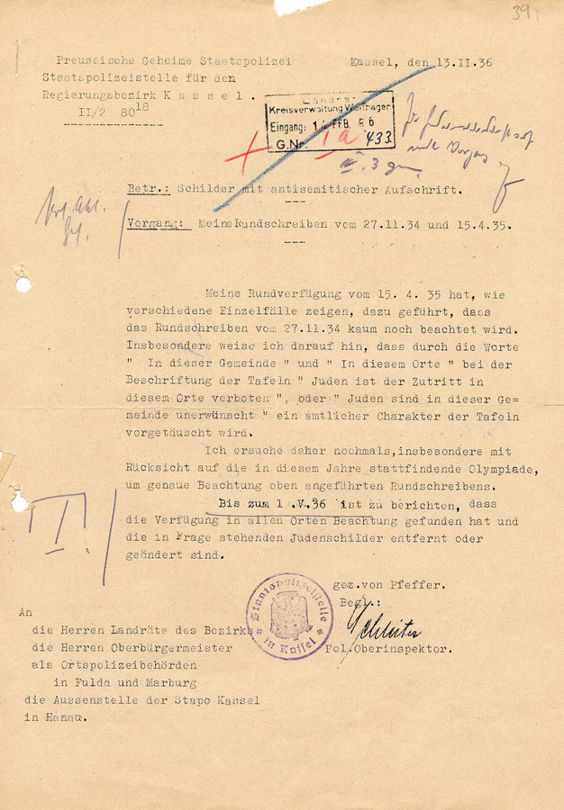 Anordnung der Preußischen Geheimen Staatspolizei Kassel bezüglich Schilder mit antisemitischer Aufschrift, 13. November 1936