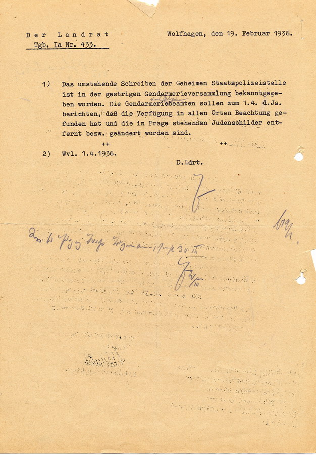 Anordnung der Preußischen Geheimen Staatspolizei Kassel bezüglich Schilder mit antisemitischer Aufschrift, 13. November 1936