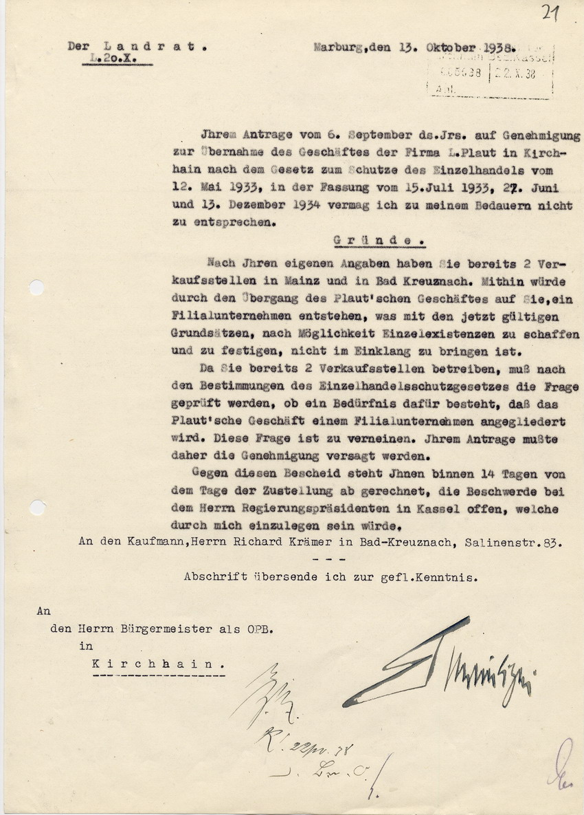 Ablehnung des Kaufantrags von Richard Krämer, betreffend die Firma L. Plaut in Kirchhain durch den Landrat in Marburg, vom 13. Oktober 1938.