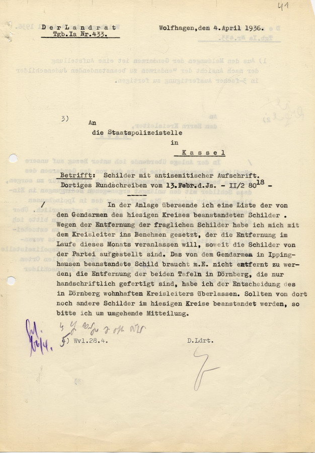 Schreiben des Landrates Wolfhagen an die Polizeistelle in Kassel mit Auflistung der im Ort befindlichen Schilder mit antisemitischer Aufschrift, 4. April 1936