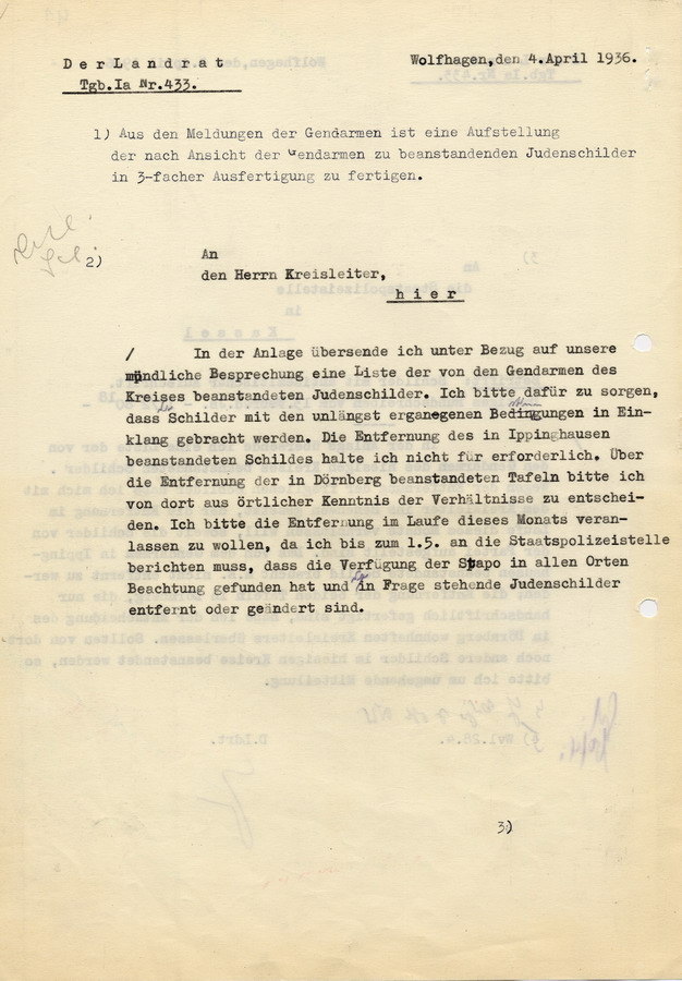 Schreiben des Landrates Wolfhagen an die Polizeistelle in Kassel mit Auflistung der im Ort befindlichen Schilder mit antisemitischer Aufschrift, 4. April 1936