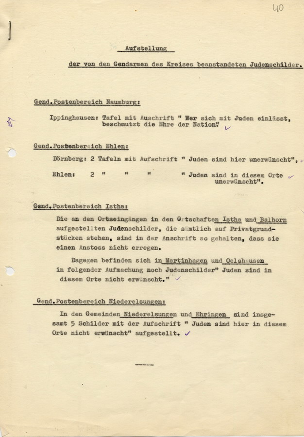 Schreiben des Landrates Wolfhagen an die Polizeistelle in Kassel mit Auflistung der im Ort befindlichen Schilder mit antisemitischer Aufschrift, 4. April 1936