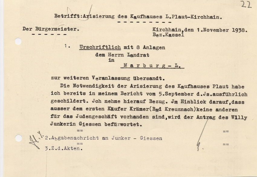 Brief des Bürgermeisters aus Kirchhain an den Landrat in Marburg, betreffend die "Arisierung des Kaufhauses L.Plaut- Kirchhain" zur weiteren Veranlassung. Vom 1. November 1938.