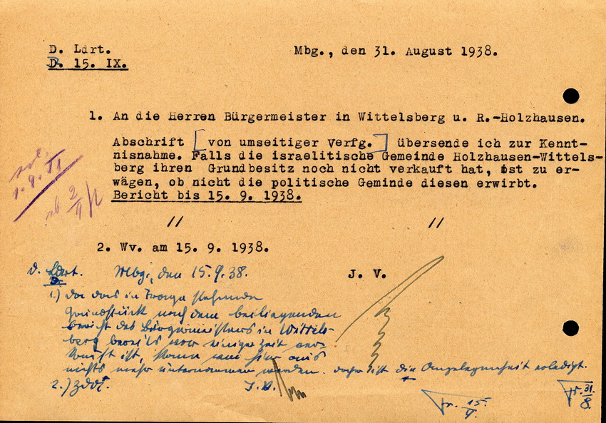 Verfügung des Regierungspräsidenten in Kassel betreffend Frage der Genehmigung zur Veräußerung des Grundbesitzes der israelitischen Gemeinde Holzhausen-Wittelsberg, 25. August 1938.