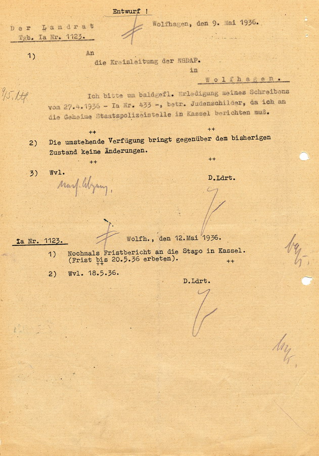 Weiterleitung einer Verordnung des Stellvertreters des Führers, Rudolf Heß, durch den Reichs-und Preussischen Minister des Innern (im Auftrag gezeichnet Dr. Stuckart) bezüglich der Aufstellung judenfeindlicher Schilder, 18. April 1936