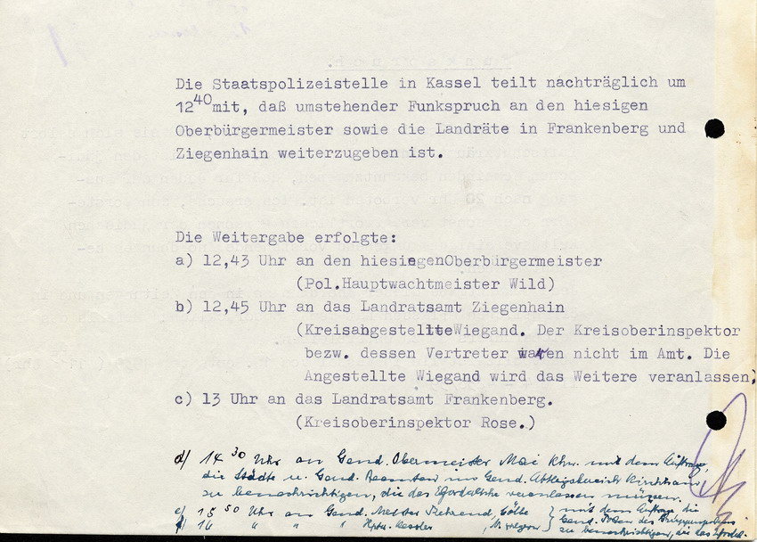 Funkspruch der Staatspolizeistelle Kassel betreffend eigene Einrichtung von Luftschutzräumen durch jüdische Gemeinden und Verbot des Ausgangs für Juden nach 20 Uhr, 10. September 1939.