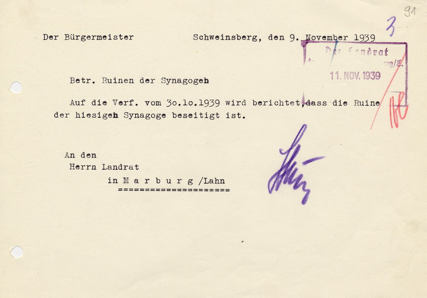 Schreiben des Bürgermeisters von Schweinsberg an den Landrat in Marburg betreffend Beseitigung der Ruine der Schweinsberger Synagoge, 9. November 1939.