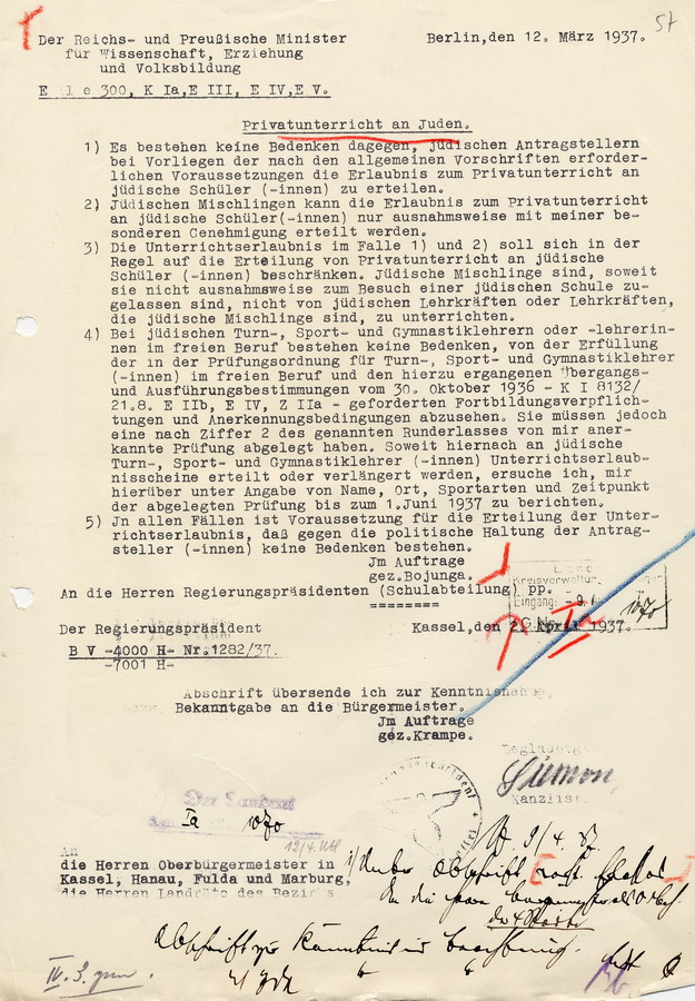 Verordnung des Reichs- und Preußischen Ministers für Wissenschaft, Erziehung und Volksbidlung den Privatunterricht an Juden betreffend, 12. März 1937