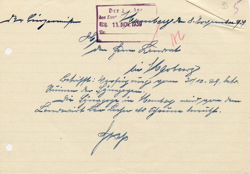 Schreiben des Bürgermeisters von Momberg an den Landrat in Marburg betreffend Nutzung der Momberger Synagoge, 8. November 1939.