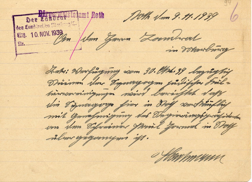 Schreiben des Bürgermeisteramts in Roth an den Landrat in Marburg betreffend Nutzung der Synagoge in Roth, 9. November 1939.