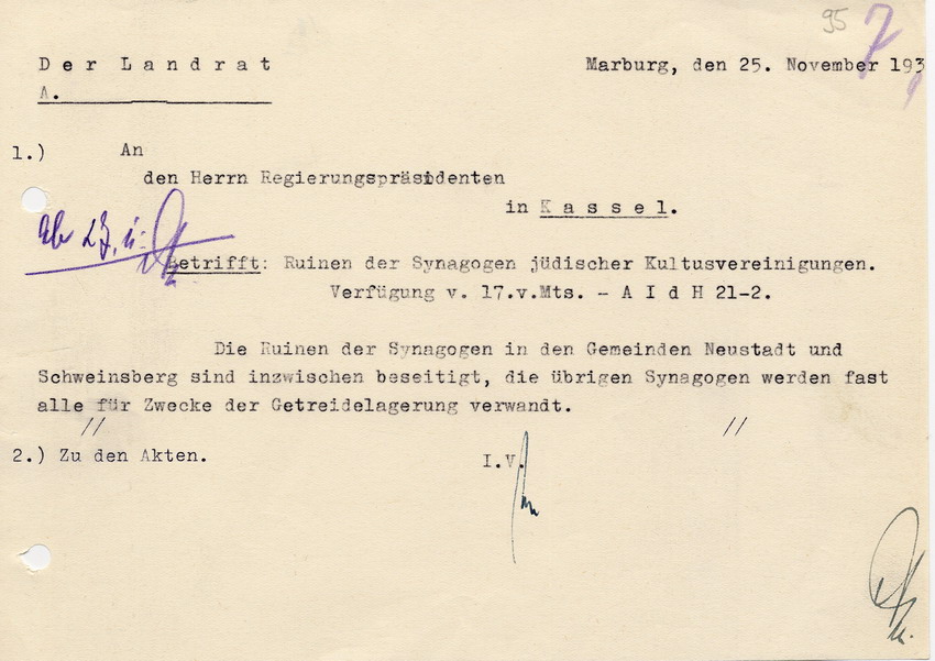 Schreiben des Landrats in Marburg an den Regierungspräsidenten in Kassel betreffend Beseitigung und Nutzung von Synagogen, 25. November 1939.