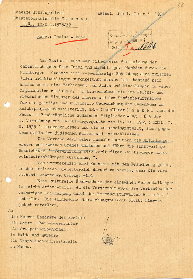 Schreiben der Geheimen Staatspolizei Kassel bezüglich des Verbots der Mitgliedschaft von Juden im Paulus-Bund in Einvernehmen mit den Nürnburger-Gesetzen, 1. Juni 1937