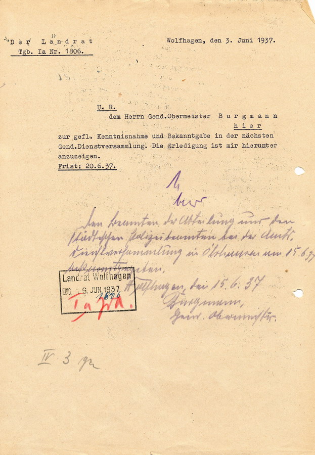 Schreiben der Geheimen Staatspolizei Kassel bezüglich des Verbots der Mitgliedschaft von Juden im Paulus-Bund in Einvernehmen mit den Nürnburger-Gesetzen, 1. Juni 1937