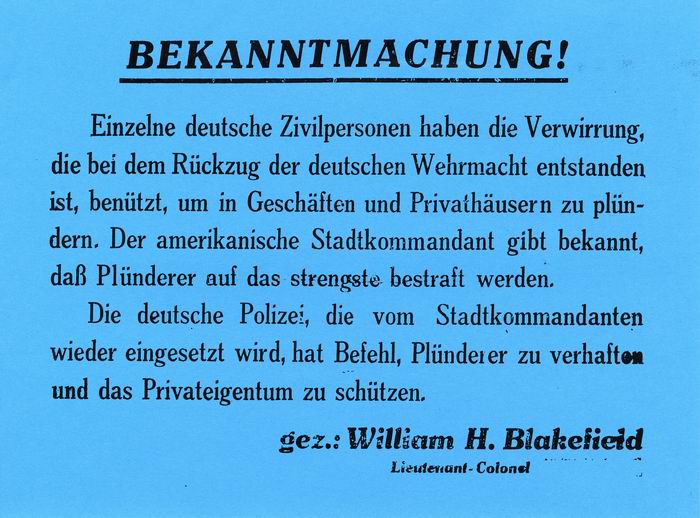 Bild zum Dokument Anschlag: Bekanntmachung. Der amerikanische Stadtkommandant gi
