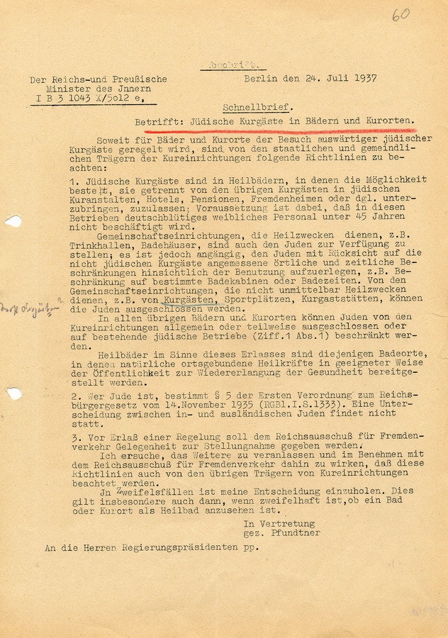 Schnellbrief des Reichs- und Preußischen Ministers des Innern aus Berlin bezüglich der Behandlung von jüdischen Kurgästen in Bädern und Kurorten, 24. Juli 1937