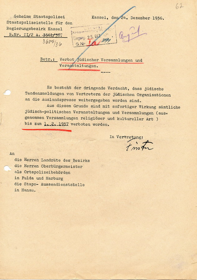 Anordnung der Geheimen Staatspolizei Kassel bezüglich des Verbots jüdischer Versammlungen und Veranstaltungen, 24. Dezember 1936