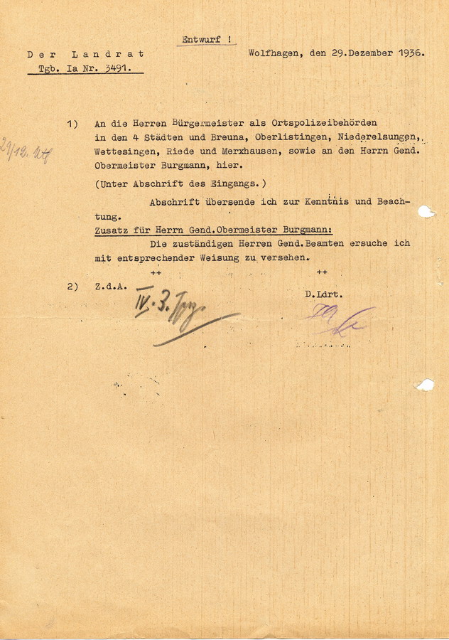 Anordnung der Geheimen Staatspolizei Kassel bezüglich des Verbots jüdischer Versammlungen und Veranstaltungen, 24. Dezember 1936