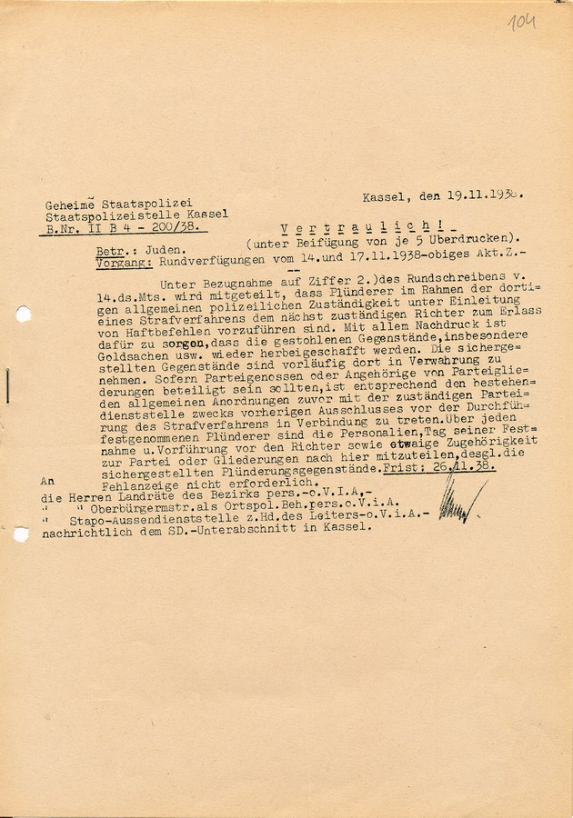 Vertrauliches Schreiben der Geheimen Staatspolzeistelle Kassel den Umgang mit Plünderern im Rahmen der Reichspogromnacht betreffend, 19. November 1938