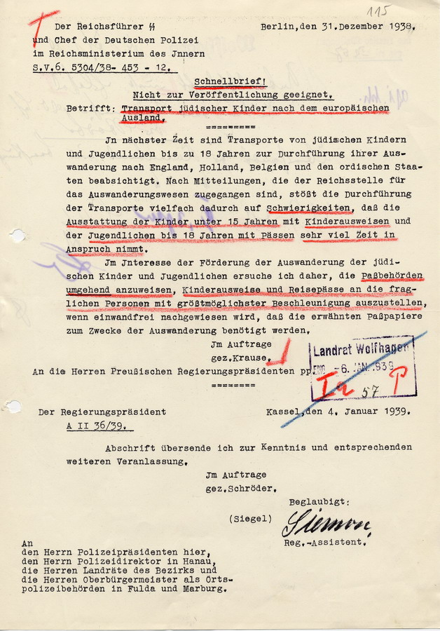 Schnellbrief des Reichsführers SS und Schef der Deutschen Polizei im Reichsministerium des Innern Heinrich Himmler aus Berlin, den Transport jüdischer Kinder nach dem europäischen Ausland betreffend, 31. Dezember 1938