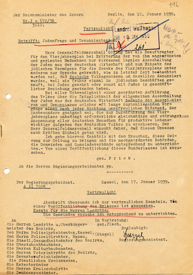 Vertrauliches Schreiben des Reichsministers des Innern, Wilhelm Frick, die "Judenfrage" und das "Denunziantentum" betreffend, 10. Januar 1939