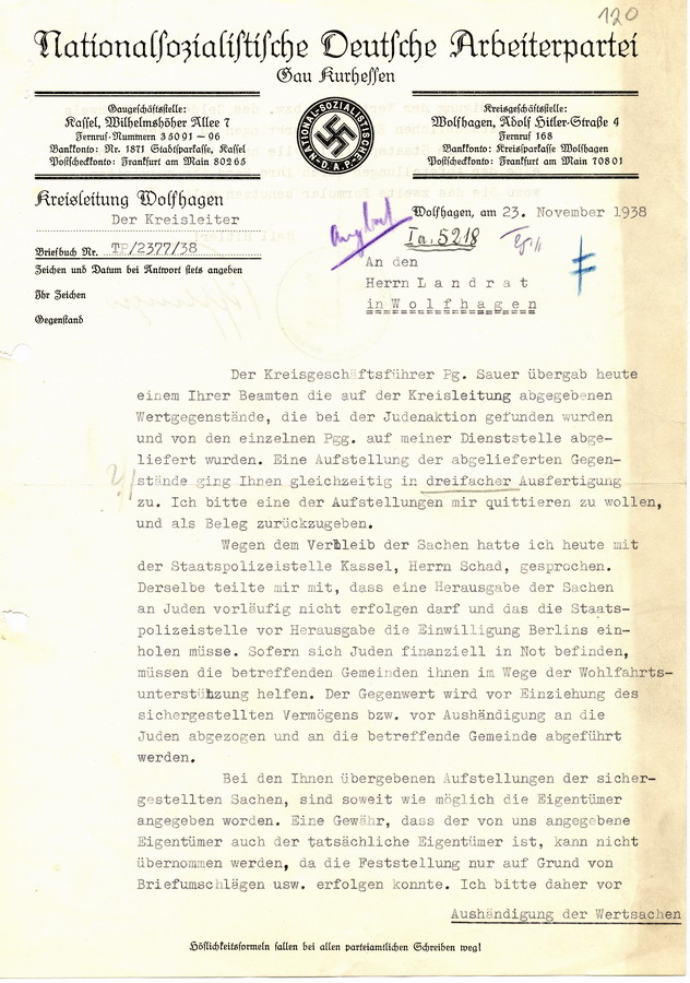 Schreiben der Kreisleitung der NSDAP Wolfhagen die bei der im Zuge der Plünderungen im Rahmen der Reichspogromnacht "gefundenen" Wertgegenstände betreffend, 23. November 1938