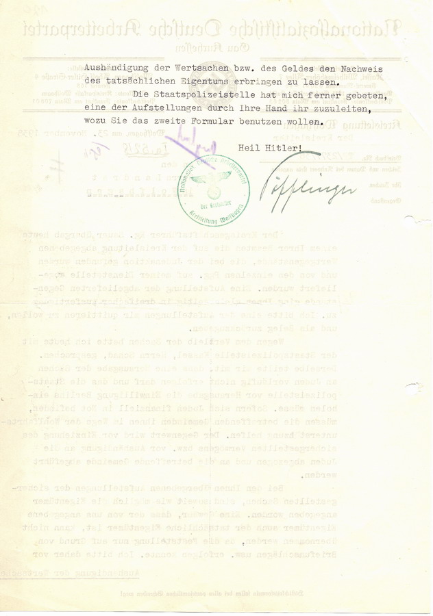 Schreiben der Kreisleitung der NSDAP Wolfhagen die bei der im Zuge der Plünderungen im Rahmen der Reichspogromnacht "gefundenen" Wertgegenstände betreffend, 23. November 1938