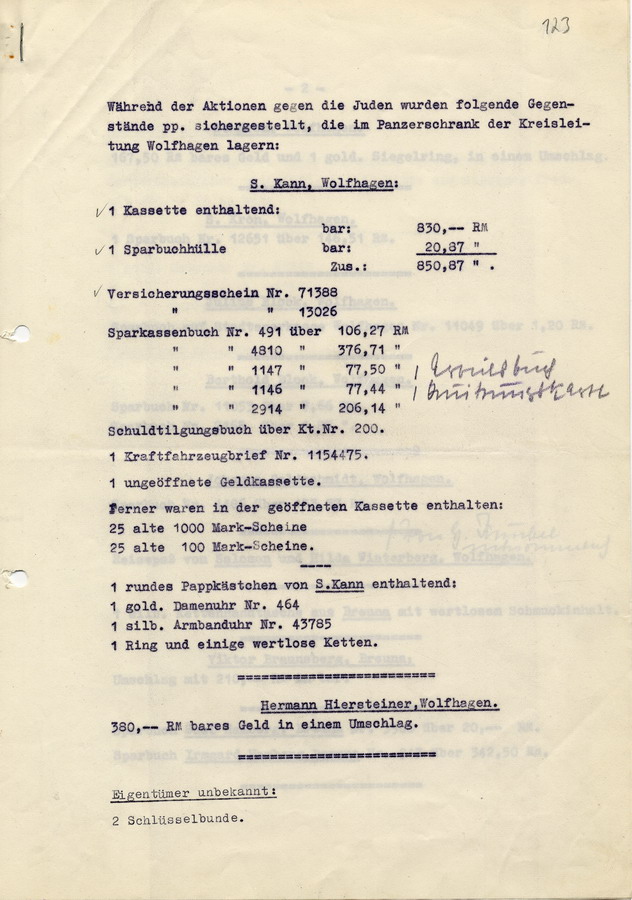 Auflistung der während der Reichspogromnacht in Wolfhagen sichergestellten Gegenstände, bei denen der Eigentümer bekannt ist, 1938