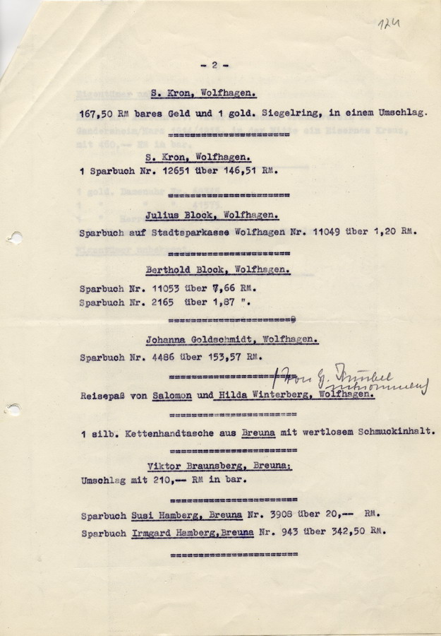 Auflistung der während der Reichspogromnacht in Wolfhagen sichergestellten Gegenstände, bei denen der Eigentümer bekannt ist, 1938