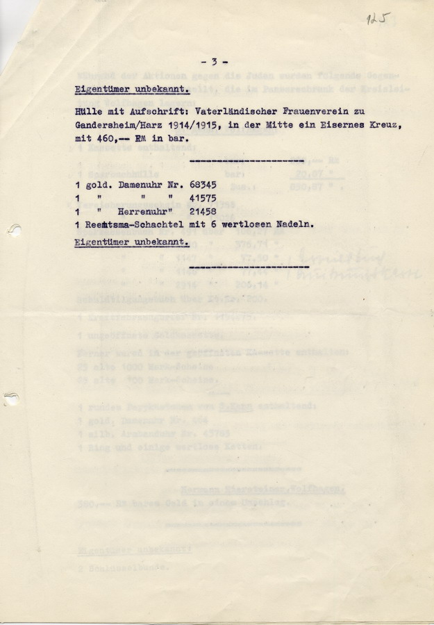 Auflistung der während der Reichspogromnacht in Wolfhagen sichergestellten Gegenstände, bei denen der Eigentümer bekannt ist, 1938