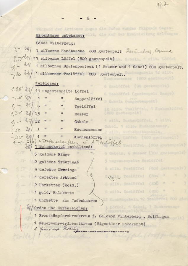 Auflistung der bei der Reichspogromnacht in Wolfhagen sichergestellten Gegenstände, bei denen der Eigentümer unbekannt ist, 1938