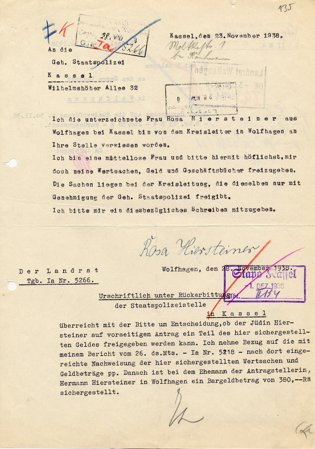 Bittschreiben der Jüdin Rosa Hiersteiner aus Wolfhagen die Rückgabe der bei der Plünderungen im Zuge der Reichspgromnacht entwendeten persönlichen Gegenstände betreffend, 23. November 1938