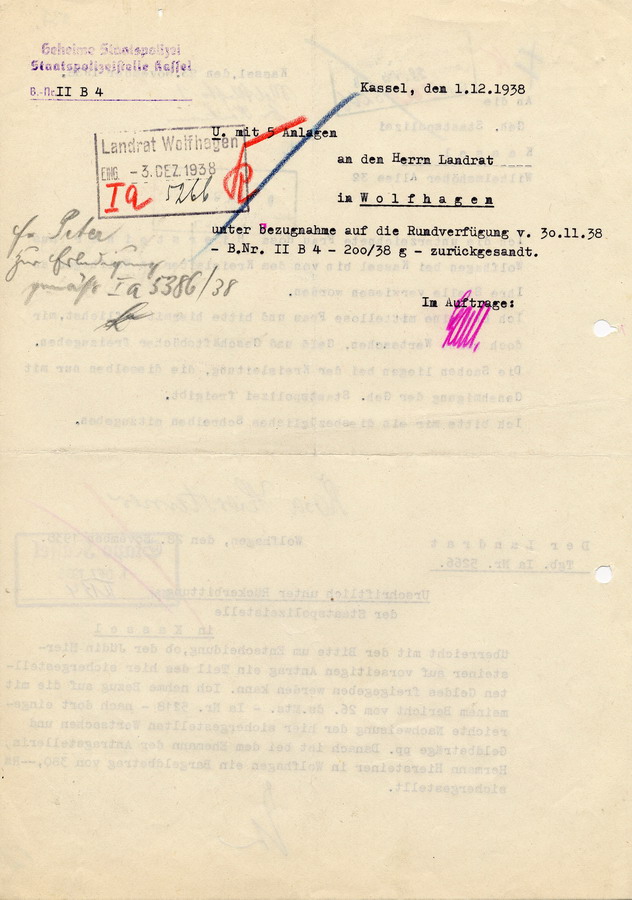 Bittschreiben der Jüdin Rosa Hiersteiner aus Wolfhagen die Rückgabe der bei der Plünderungen im Zuge der Reichspgromnacht entwendeten persönlichen Gegenstände betreffend, 23. November 1938